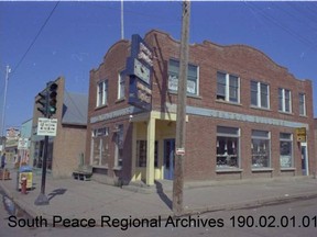 In December 1962, Central Jewellers was a month into its new digs in the former Imperial Bank of Canada building (1919) at the northwest corner of Richmond Avenue and Clairmont Road. Jack Chubb handled watch repairs; Mrs. John Coughlan was the clerk. John Ducs of GP Optical also relocated his offices to the same building at this time. Note the clock with the two firms’ names on it. It wasn’t the first highly-visible timepiece for the downtown but was the most prominent one by the mid-1960s. (SOUTH PEACE REGIONAL ARCHIVES)