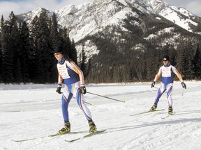 Joelle Sevigny and her dad Yvon Sevigny ski towards the finish line at last year's Lake Louise to Banff Loppet. The pair finished first as a team, and second and third individually. FILE PHOTO