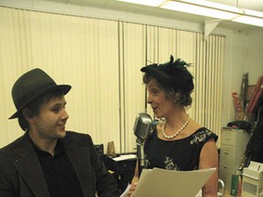 Matt McKerracher and Paula Bancroft (as Ernie and Mary) run through a few lines during a Wednesday, Dec. 5 rehearsal for East of Sixty’s presentation of “It’s A Wonderful Life”.