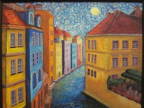 Jo-Anne Gazo-McKim is one of 10 local women artists who has her
work featured in the Art Show and Sale of Brushworks. This piece
pictured above favours the brighter side of the spectrum with a Van-
Gogh-inspired vision of the streets of Prague. (KAMILLE PARKINSON For The Whig-Standard)