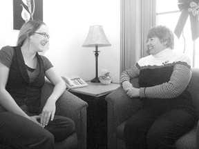 Serenity House Hospice volunteer co-ordinator Heather Mudford, left, and program co-ordinator Lynn Davis in the hospice’s one-on-one counselling room. The office is located in the CASO Railway station.
(Nick Lypaczewski, Times-Journal)