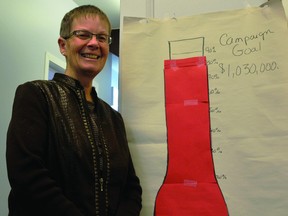 Judi Baril stands at the United Way office with the organization's tracker for the Annual Giving Campaign. Baril says that the 2013 goal of $1,030,000 is expected to be attained.
(ALANAH DUFFY/The Recorder and Times)