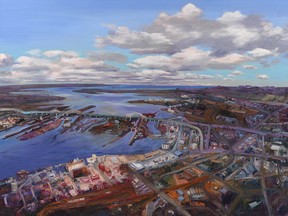 John Hartman's oil painting, Sault Ste. Marie, was based on flights and ground tours of the city.