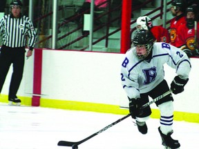 Beaver Brae forward Jed Rattai contributed five assists and a goal in the Broncos’ 14-2 win over the Red Lake Rams at the Kenora Recreation Centre Thursday afternoon.
GARETT WILLIAMS/Daily Miner and News