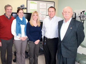 The Petawawa Centennial Family Health Centre (PCFHC) is welcoming Dr. Lynsay Lane to the area. Lane signed with the Petawawa Family Health Team in coordination with the Upper Ottawa Valley Medical Recruitment Committee (UOVMRC). In the photo (left to right) is Deputy Mayor Tom Mohns, the PCFHC chairman, UOVMRC recruiter Alyson Olsheski, Dr. Lane, PCFHC executive director Paul Hobin and PCFHC board member Ralph Storey.