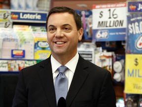 Ontario PC Leader Tim Hudak speaks to media about the possible privatization of the Ontario Lottery and Gaming Corporation at Rabba Fine Foods on Wellesley St. on Dec. 3.  (Dave Abel/Toronto Sun)