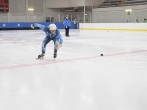 Chris Stone of the Peace Wapiti speed skate club bursts off the starting line during a pursuit at the Peace Wapiti Speed Skating Club annual Interclub Ability Meet in 2010. The club, which received approval and funding from the City to build a temporary outdoor skating oval, has been forced to put off its plan for another year. (DHT file photo)