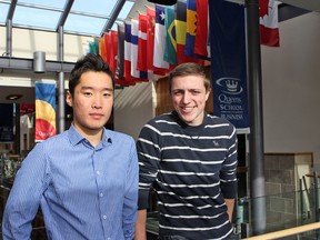 Bill Mei, left, and Darren Cole are the co-founders of The Kingston Rocket, a transportation service they designed to help create a low-cost and simple means for Queen’s University students to travel home during school breaks. The second-year commerce students at Queen's, have recently come under fire from Greyhound bus lines after helping create a similar project for University of Western Ontario students. (Tori Stafford The Whig-Standard)