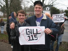 Dakota MacDonald and Justin Nadrofsky were among the students at Waterford District High School protesting Ontario Bill 115 on Monday. Walkouts were also staged at Delhi District Secondary School, Valley Heights Secondary School and Simcoe Composite School. (SARAH DOKTOR Simcoe Reformer)