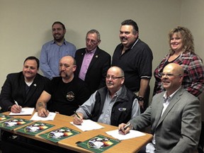 The communities of Calmar, Thorsby, Warburg and Breton formally entered into a partnership, dubbed the 39/20 Alliance, on Wednesday, Nov. 28 in Warburg.
Back row: Thorsby councillor Mitch Williams, Warburg councillor Ralph Van Assen, Calmar councillor Wally Yachimetz and Breton councillor Kim Plaquin.
Front row: Thorsby mayor Barry Rasch, Warburg councillor Dale Miller, Calmar mayor Don Faulkner and Breton councillor and 39/20 Alliance chair Darren Aldous.
