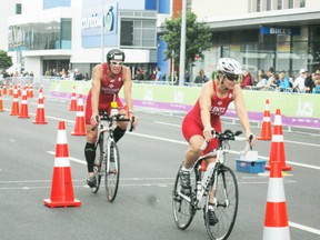 Kathy Lentz coming out of the transition area during the bike portion of her Olympic distance triathlon race during the 2012 World Triathlon Championships in Auckland, New Zealand in October.
Submitted