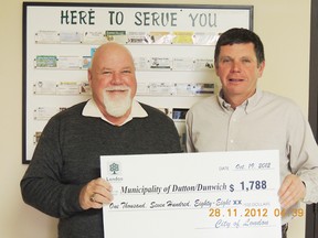 Bob Purcell, left, deputy mayor of Dutton/Duwnich and Mayor Cameron McWilliam show off the first cheque the municipality has received since it joined six other municipalities in a joint recycling program.