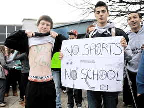 Students at John McGregor Secondary School, in Chatham, On., walked out of classes in hopes the provincial government would take notice and kill Bill 115 which removes teacher's right to strike. Teachers have removed themselves from all volunteer activities including sports and arts programs which have directly affected some student's ability to secure scholarships.  Photo Taken Monday December 10, 2010. DIANA MARTIN/ THE CHATHAM DAILY NEWS/ QMI AGENCY