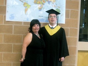 Zach and his mom, Gloria Noseworthy, at his graduation. Since leaving school his social life and community activity have decrease, because a fund that supported such activities is now limited to people under the age of 18.