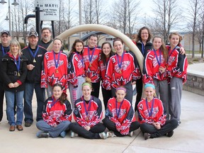 The Chatham Maple City Electric Junior Thunder celebrate winning the St. Marys Snipers Tournament on Sunday. (Contributed Photo)