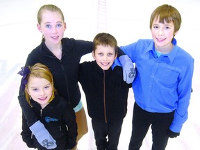 From left, Clarissa Diamond, 8, Paige Noble, 13, Austin Phillips, 12, and Aaron LeSouder, 13, are Stratford Skating Club members who will be performing solo skates at the Celebration On Ice event at the Allman Arena Thursday. SCOTT WISHART The Beacon Herald