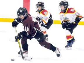 Kent Cobras' Ethan Labadie, left, skates up the ice being pursued by TNT Tornados' Michael Meszaros (12) and Caleb Thompson (15) during a 'AA' minor atom game in the Chatham Challenge Cup International Silver Stick regional qualifying tournament Friday at Thames Campus Arena. (DIANA MARTIN/The Daily News)