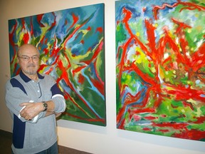West Elgin artist Harry Wilkinson and two paintings from his series, Overcoming the Illusory, currently exhibited at the St. Thomas-Elgin Public Art Centre. He was photographed Dec. 5, 2012 at the art gallery.
(ERIC BUNNELL, Times-Journal)