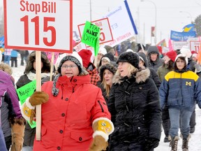 Elementary Teachers Federation of Ontario (ETFO) members in the Keewatin-Patricia District School Board staged a one-day walkout on Tuesday, Dec. 11, 2012 and converged on Dryden, ON to demonstrate outside of provincial government buildings. 
HANDOUT PHOTO/CHRIS MARCHAND/DRYDEN OBSERVER