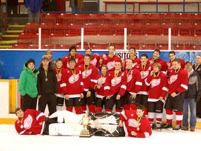 The Schumacher Red Wings captured the ‘B’ Division championship at the recent Timmins Panels & Pipe Hockey Tournament, defeating Hearst Scotiabank 5-4 in the title game. Members of the championship team, not in order, are: Carter Chisholm, Kyle Lavoie, Brody Forget, Carl Black, Liam Clusieau, Darcy Brazeau, James Williams, Austin Secord, Hector Cousineau, Reece Deschamps, Mario Seguin, Evan Savard, Nicholas Robillard, Rebecca Getty, Maxime Cleroux, Pierre Lauzier, Justin Cybulski, Mathieu Lemire, Matthew Boutin, coach Brian Getty, assistant coaches Shane Black and Pierre Seguin, trainers Albert Labelle and Ray Robillard and managers Darlene Clusieau and Marc Lauzier.
