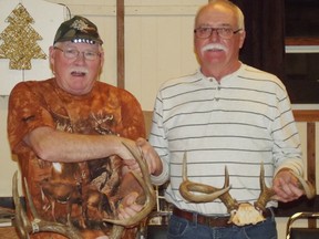Gary Desbrais the first place winner in the rifle category with his 11-point whitetail deer rack and Dave Groleau with his five-point antlers, in the bow-hunting category.  Both were harvested in the Espanola area.  Photo Supplied.