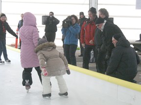 A group of young skaters officially opened the The Harbourtown BIZ Ice Skating Rink Under The Whitecap Pavilion at noon Tuesday by snowing city officials.
JON THOMPSON/Daily Miner and News