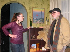 Kirsty Wilson and Richard Howard speak on the set of Greetings! before a rehearsal at the Studio Theatre on Pittsburg Avenue.