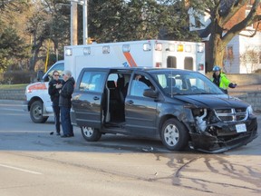 Traffic was snarled on the Queensway East in Simcoe Tuesday afternoon following a crash between a Chevy Lumina van and this Sharp shuttle van at the intersection of Gilbertson Drive. (MONTE SONNENBERG Simcoe Reformer)