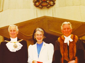 Prescott council is considering a memorial for Jean Wadds Casselman, who died Nov. 25, 2011, at the age of 91. Above, she is pictured receiving the Freedom of the City of London May 21, 1981 from the Lord Mayor, Col. Sir Ronald Gardner-Thorpe, and Chamberlain of London, John P. Griggs, M.C.
(SUBMITTED PHOTO)