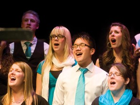 Members of Harmony Through Harmony belt out a tune during Singfest 2012 at the Bert Church Theatre on Monday night. 
MARIE POLLOCK/AIRDRIE ECHO