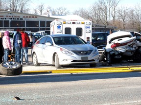 At least two people were sent to hospital after this multi-vehicle crash on Longwoods Road. (Ellwood Shreve, Chatham Daily News)