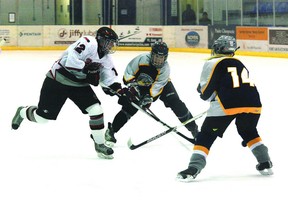 Fort Saskatchewan Fury centre Jena Movoid weasels her way through Thorsby Thunder defenders in Friday’s 2-1 win over the visiting team, which was followed by a 6-2 victory over the tougher Irma Chargers on Sunday.
Photo by Ben Proulx/Fort Saskatchewan Record/QMI Agency