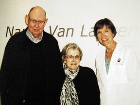 Dr. Nancy Van Laeken MD FRCSC (right), pictured here with her father Walter (left) and mother Margaret (centre), was honoured recently as a Dame of The Sovereign Order of St. John of Jerusalem, Knights Hospitaller by the Vancouver Commandery. Dr. Van Laeken’s inclusion as a Dame was related in part to humanitarian work overseas in countries including Thailand and India.