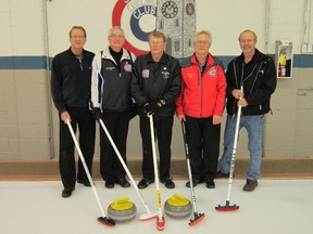 The Chuck Holstein rink of Simcoe came up short this weekend in a regional qualifier for the Tim Horton’s Master Men’s Provincial Final. Team members include, from left: skip Chuck Holstein, vice Brian Dodge, second Rob Inglis, lead Jim Simmons — all of Simcoe — and second Grant Burr of Port Dover. (MONTE SONNENBERG Simcoe Reformer)