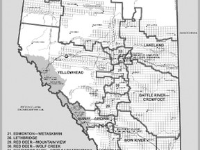 A map of Alberta shows the new boundaires for the Fort McMurray-Cold Lake riding. SUPPLIED IMAGE