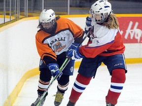 Lasalle Secondary School's Kaitlin Julien fights for the puck with Stephanie Legault of Macdonald-Cartier during senior girls high school Division A hockey at Garson Arena on Thursday, December 13, 2012. Lasalle defeated Macdonald Cartier 3-1. Gino Donato/The Sudbury Star/Postmedia Network