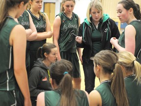 TERRY FARRELL/DAILY HERALD-TRIBUNE
Celtics coach Rebecca Beauchamp (kneeling, centre) discusses strategy during a time-out.