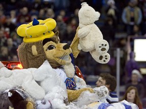 Edmonton mascot Louie holds up donated teddy bears during the first period of the Edmonton Oil Kings game against the Calgary Hitmen at Rexall Place last week.
