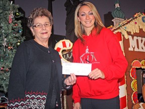 President of KidSport Timmins, Colleen Landers, left, said since closing their books on 2012, the organization has already sponsored 13 children to play a sport in 2013. Landers received a $1,000 donation from Melissa Kelly, right, and her Dance Academy on Wednesday. Kelly commented how many of her own students have been able to follow their dreams and become dancers thanks to KidSport.