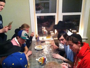 At right, Yuval Rosenthal and Dylan Robertson got to celebrate Chanukah with their Banff Hockey Academy teammates and Roving Rabbis Zushi Rivkin and Levi Levitin. A program to connect with Jews in rural areas, the Roving Rabbis spent a few days in the Bow Valley helping people celebrate Chanukah.
SUBMITTED PHOTO