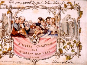 What is believed to be one of the first mass-produced Christmas cards caused controversy in some quarters of Victorian English society when it appeared in 1843 because it features a child taking a sip from a glass of wine. Approximately 1,000 copies were printed but only 10 have survived. The card was designed for Henry Cole by his friend, painter John Calcott Horsley. Cole wanted a ready-to-mail greeting card because he was too busy to engage in the traditional custom of writing notes with Christmas and New Year’s greetings to friends and family. The card pre-dated colour printing so was hand-coloured. The centre panel depicts a family drinking wine at a celebration and the flanking panels illustrate charitable acts of feeding and clothing the poor.
