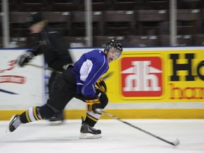 Sarnia Sting forward Davis Brown skates during a practice drill Wednesday, Dec. 12, 2012 at the RBC Centre in Sarnia, Ont. After going 24 games without registering a point to start his career, the OHL rookie now has six in six games since returning from a shoulder injury. PAUL OWEN/THE OBSERVER/QMI AGENCY