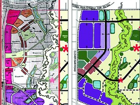 Right: The Cambrian Crossing Area Structure Plan as approved by Strathcona County Council in January 2011. The beige colour represents residential land, while purple represents industrial, the red represents commercial and the green is institutional. Colours mixed with white represent transition areas of those respective zones. Left: Proposed hand-drawn revisions to the plan overlaid on top of the original map. The revisions were created by consultant Stantec after two nights of public workshops earlier this week where concerns about the project were voiced by the public and stakeholders. The property in question is located north of Highway 16 between Clover Bar Road and Highway 21. Some of the differences includes an expanded residential area and a decrease in commercial and industrial land on the property’s west side. Graphics Supplied