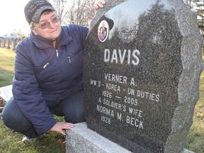 Judy Davis at the grave of her father in Cataraqui Cemetery. (Michael Lea The Whig-Standard)
