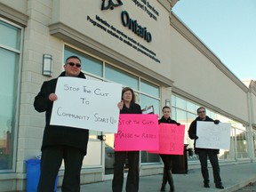 MICHAEL-ALLAN MARION, The Expositor

Members of the Ontario Public Service Employees Union stage a protest Thursday outside the Brantford office of the Ontario Disability Support Program.