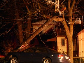 This one-vehicle motor-vehicle collision knocked power out in Tillsonburg beginning at around 9 p.m. Thursday. No injuries were reported but a trio of charges, including impaired driving, over 80mg and leaving the scene were laid in its wake. Jeff Tribe/Tillsonburg News