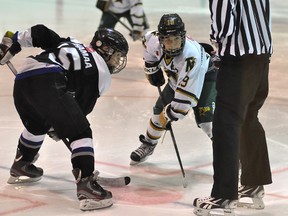 The Timmins Trademark Mechanical North Stars dropped their first game 3-1 versus the Nickel City Sons on Saturday at the Archie Dillon Sportsplex. North Stars forward Mathieu Parent prepares to take the faceoff against Sons forward Jamie Wahamaa on Saturday.