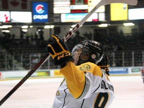Sarnia Sting captain Alex Galchenyuk yells to the crowd in celebration of a first period goal Saturday against the Kingston Frontenacs. Galchenyuk had a hat trick and five points on the way to a 7-4 Sting victory. PAUL OWEN/THE OBSERVER/QMI AGENCY