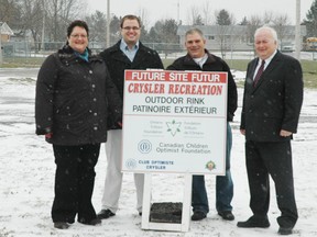 From left, Ontario Trillium Champlain review team chair Sandra Lalonde, North Stormont recreation/culture co-ordinator Alex Gibson, Crysler Recreation president Pierre Thibault and Crysler Optimist president Dan O'Connell stand in front of the site for the new rink, which will benefit from a $60,000 Trillium grant.
Supplied photo