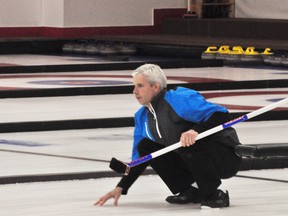 Skip Geoff Trimble of Gladstone watches a shot during the B-side final at the Central Regionals in Portage Sunday. Trimble and his team clinched a berth in the Safeway Championship. (Kevin Hirschfield/PORTAGE DAILY GRAPHIC/QMI AGENCY)